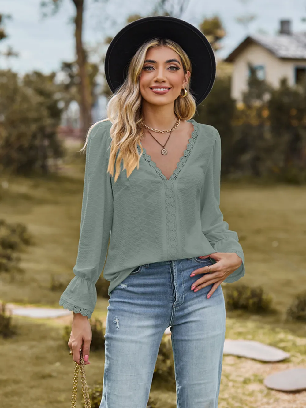 V-Neck Flounce Sleeve Blouse, image 16