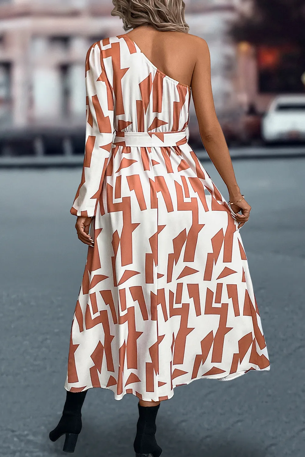 Printed One-Shoulder Tie Waist Dress, image 9