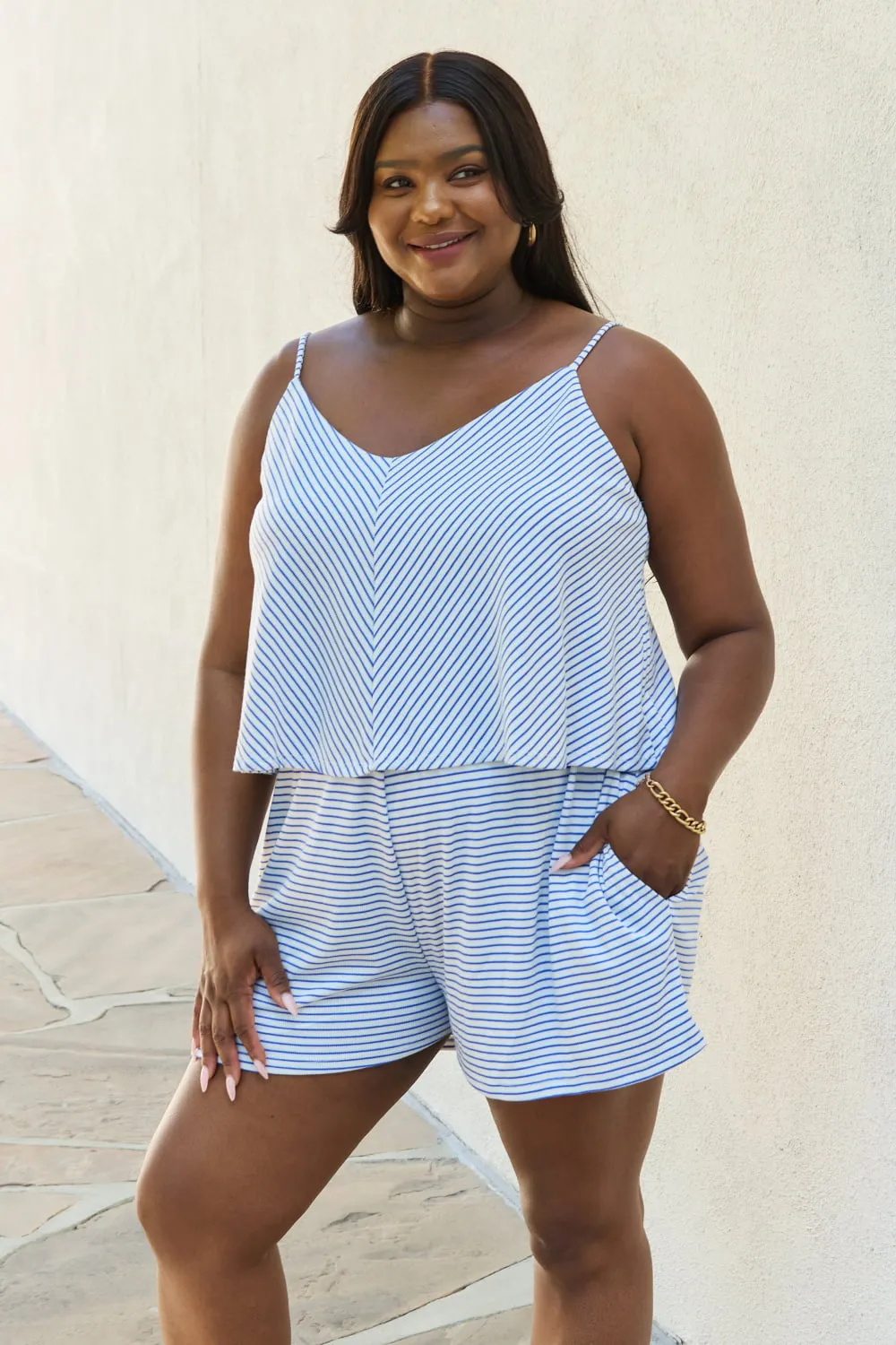 Let It Happen Full Size Double Flare Striped Romper in Cobalt Blue, image 11