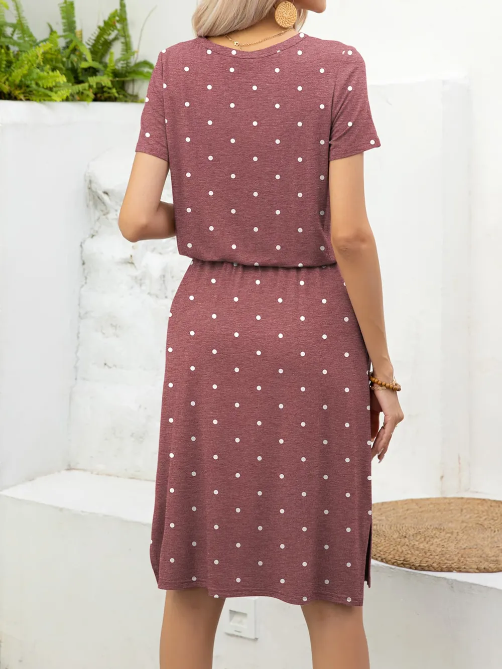 Round Neck Short Sleeve Slit Dress with Pockets, image 15