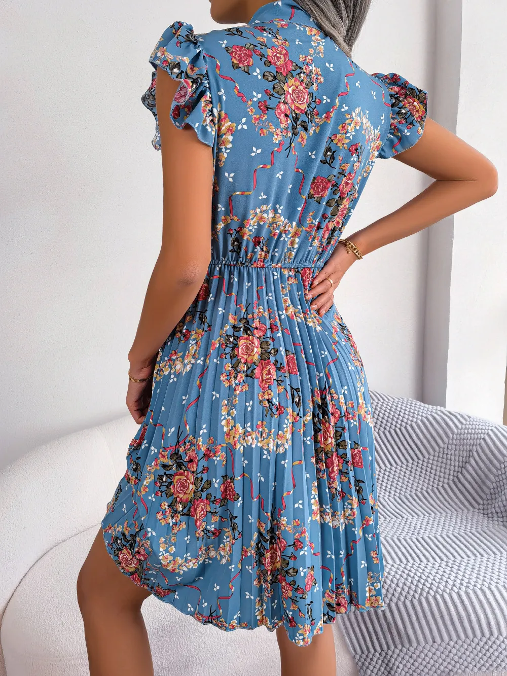 Pleated Floral Printed Tie Neck Knee Length Dress, image 8