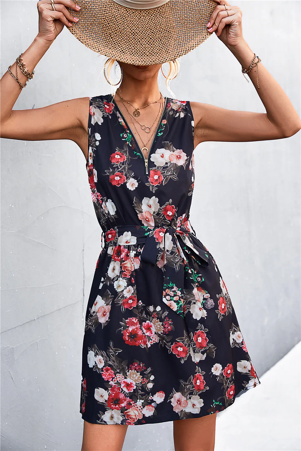 Printed Zip Detail Belted Sleeveless Dress, image 28