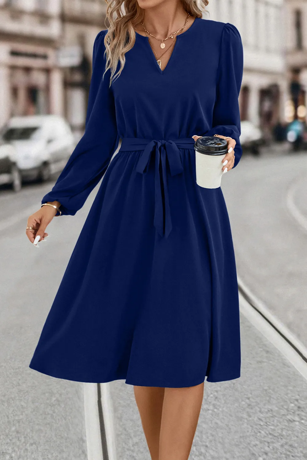 Tie Waist Notched Neck Long Sleeve Dress, image 8