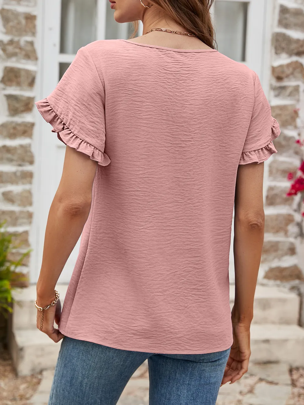 Textured Petal Sleeve Round Neck Tee, image 3