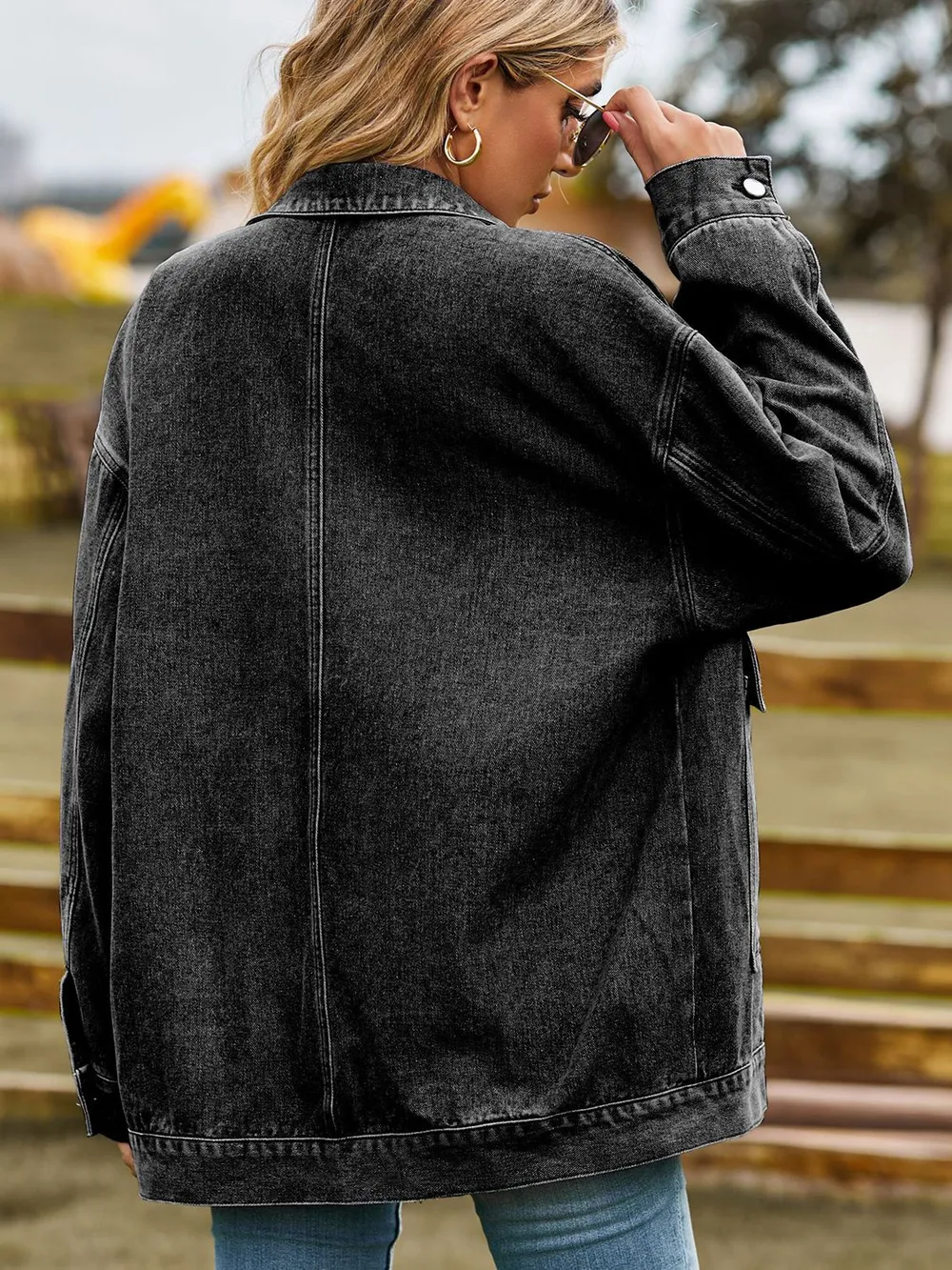 Dropped Shoulder Denim Jacket with Pockets, image 12