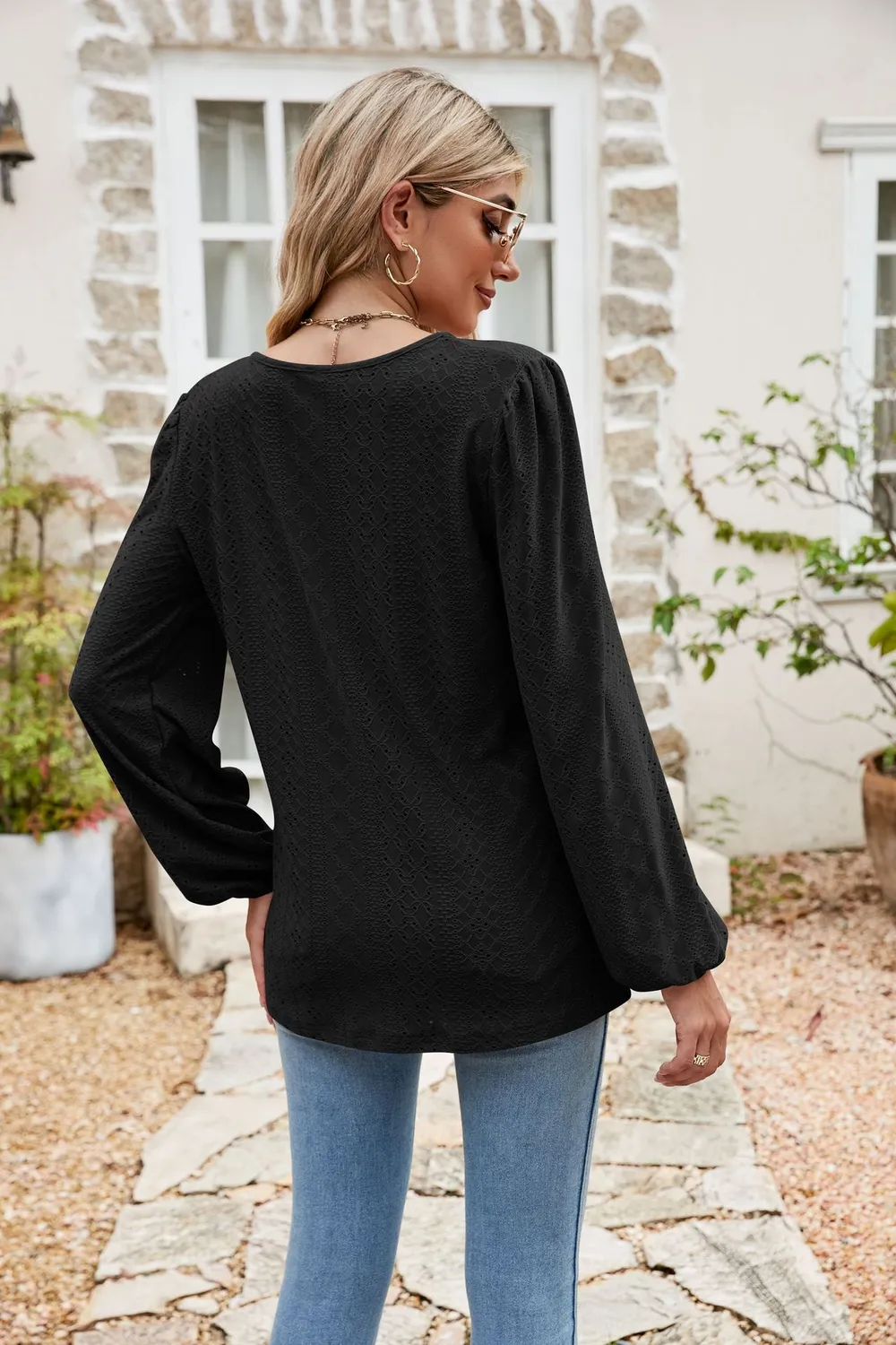 Eyelet Notched Neck Balloon Sleeve Blouse, image 12