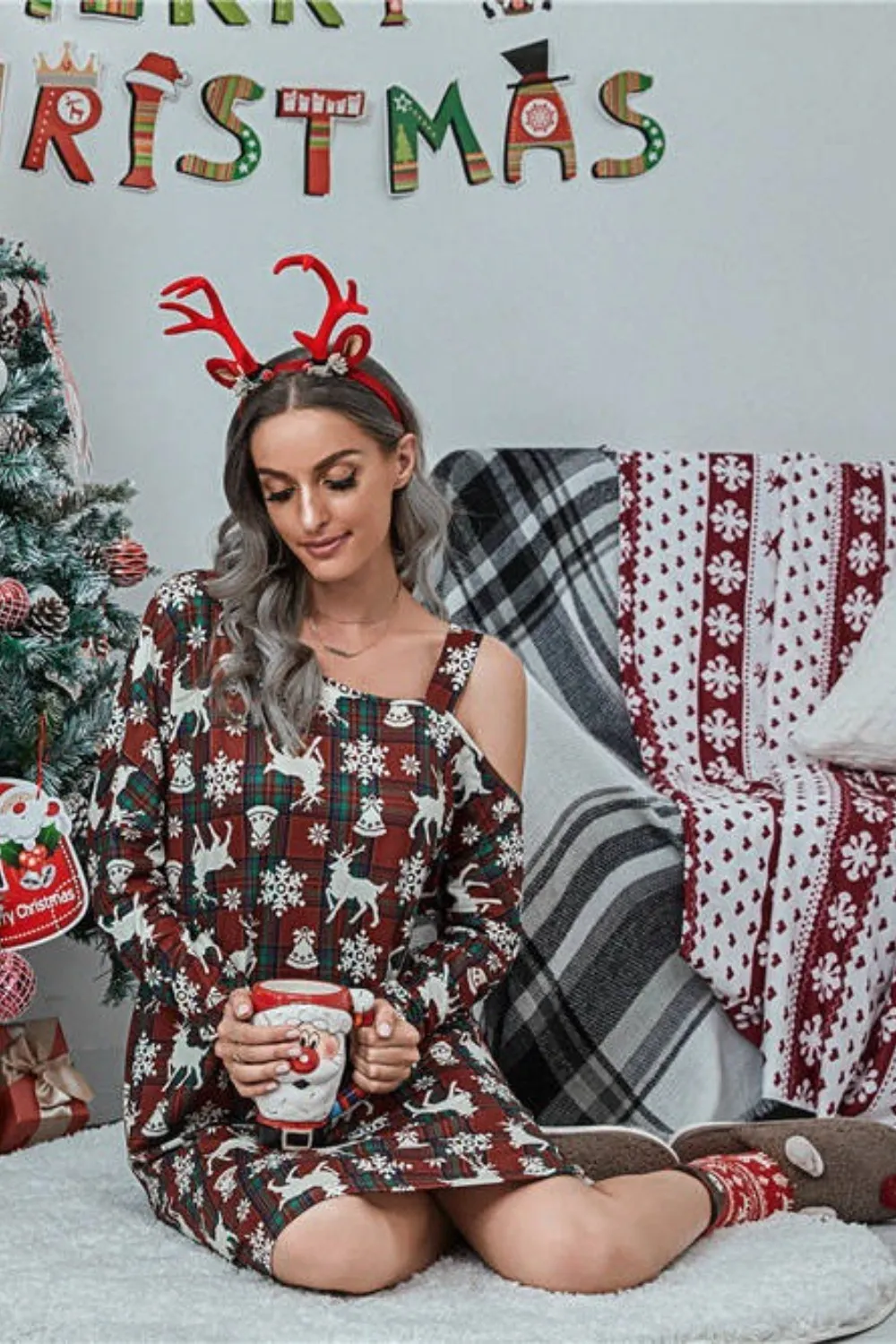 Christmas Asymmetrical Neck Long Sleeve Dress, image 10