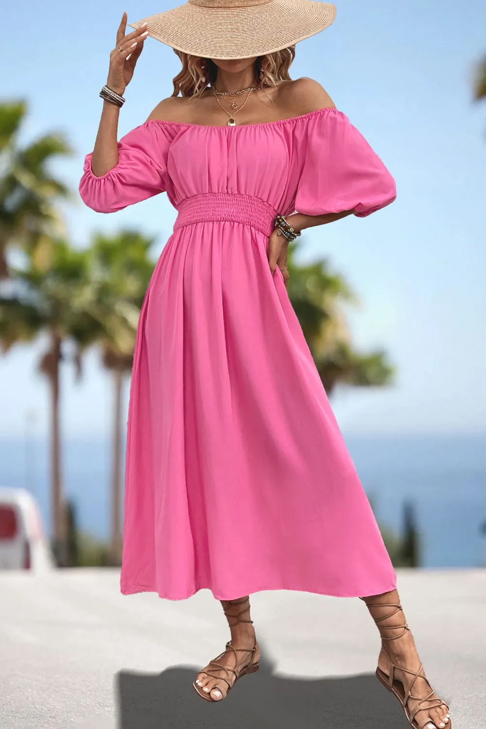 Square Neck Smocked Waist Puff Sleeve Midi Dress, image 12