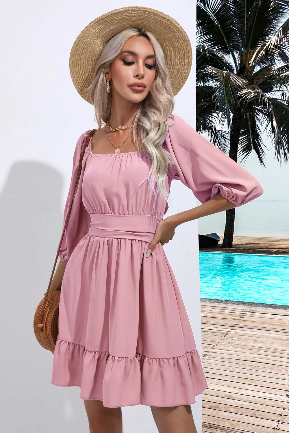 Square Neck Tie Back Ruffle Hem Dress, image 16