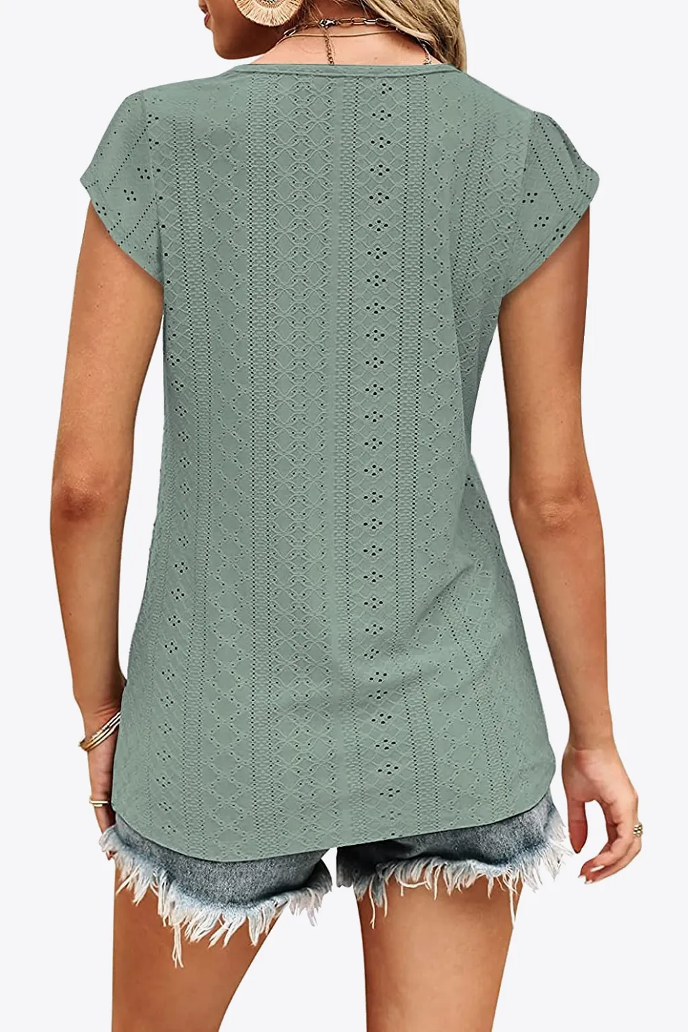 Eyelet Contrast V-Neck Tee, image 3