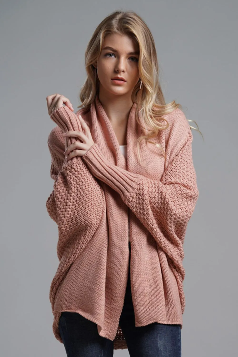 Dolman Sleeve Open Front Ribbed Trim Longline Cardigan, image 14