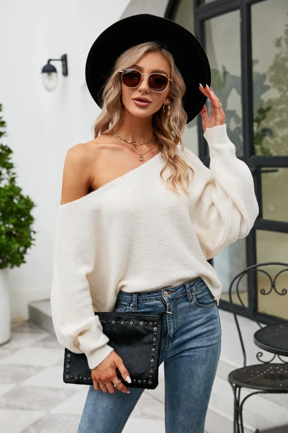 Boat Neck Horizontal Ribbing Dolman Sleeve Sweater, image 2