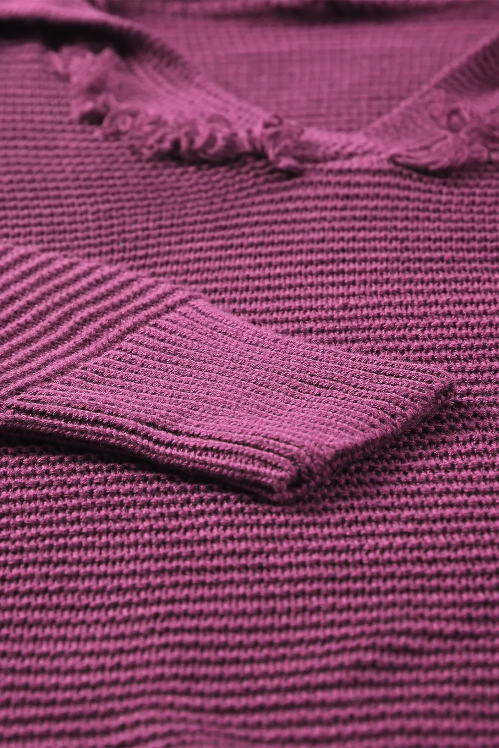 Horizontal Ribbing Fringe Trim Hooded Sweater, image 9