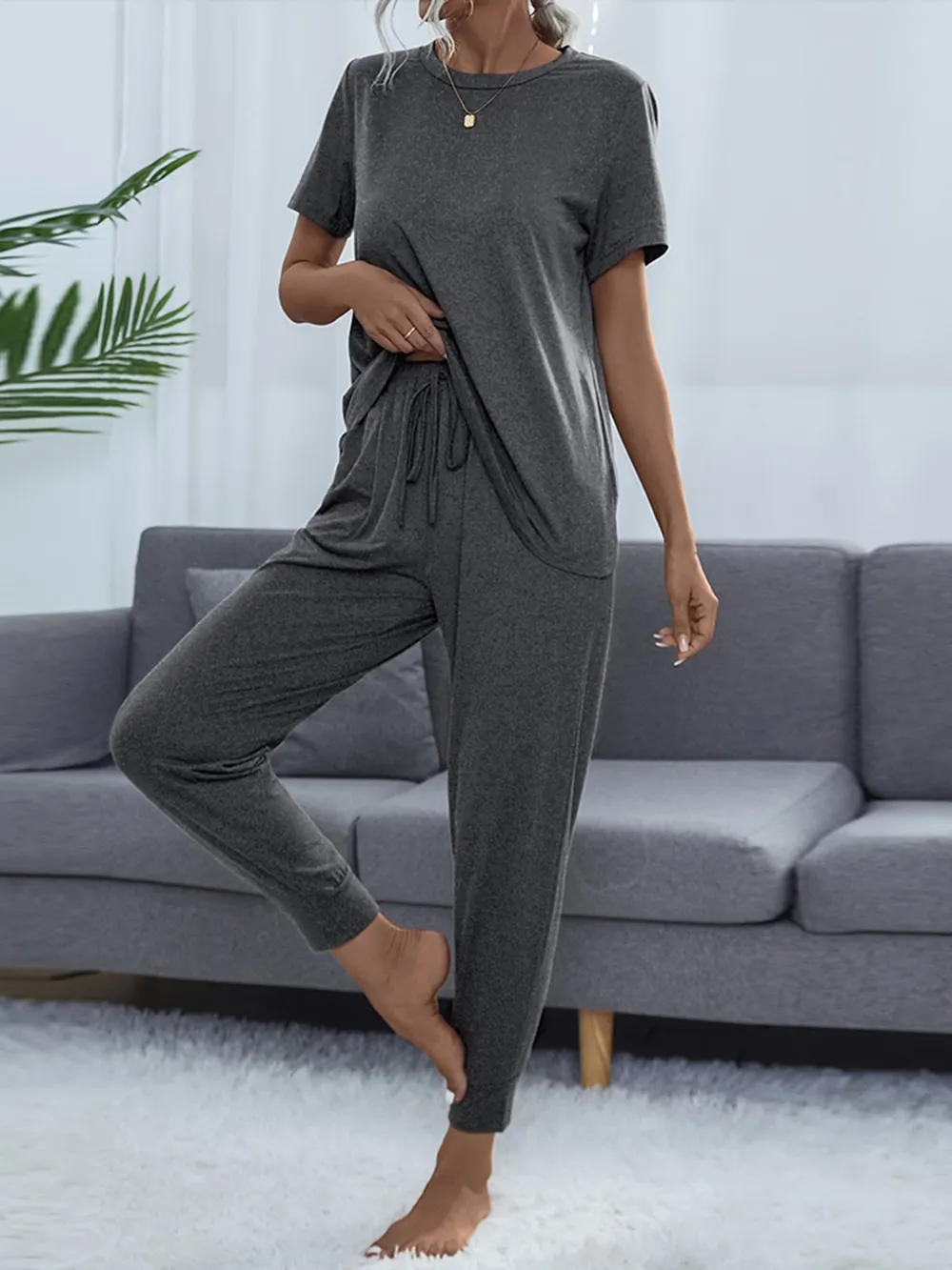 Round Neck Short Sleeve Top and Pants Set, image 17