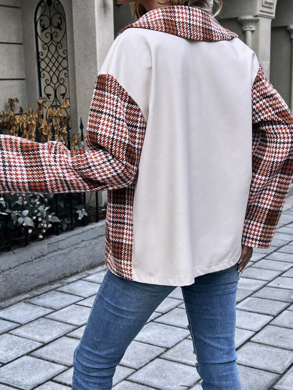 Plaid Collared Neck Drop Shoulder Jacket, image 2
