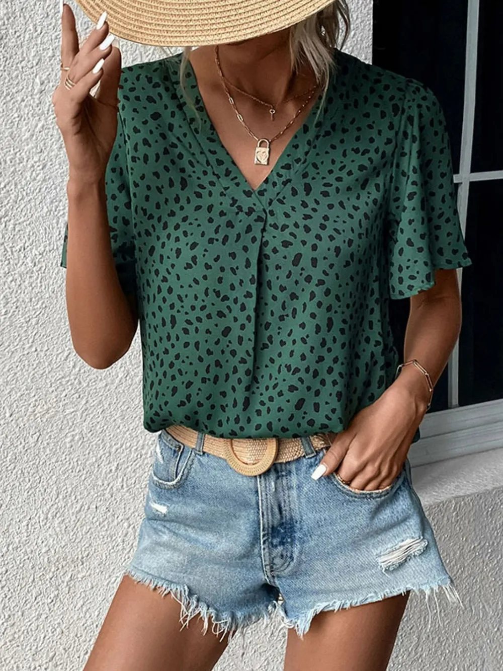 Animal Print V-Neck Flutter Sleeve Blouse, image 5