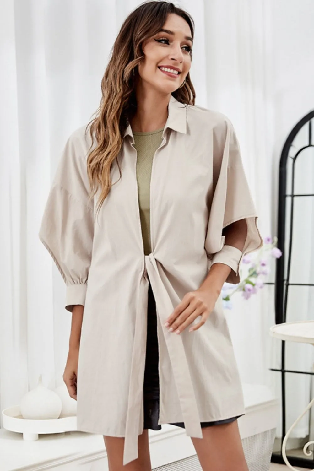 Tie Front Collared Neck Cutout Shacket, image 3