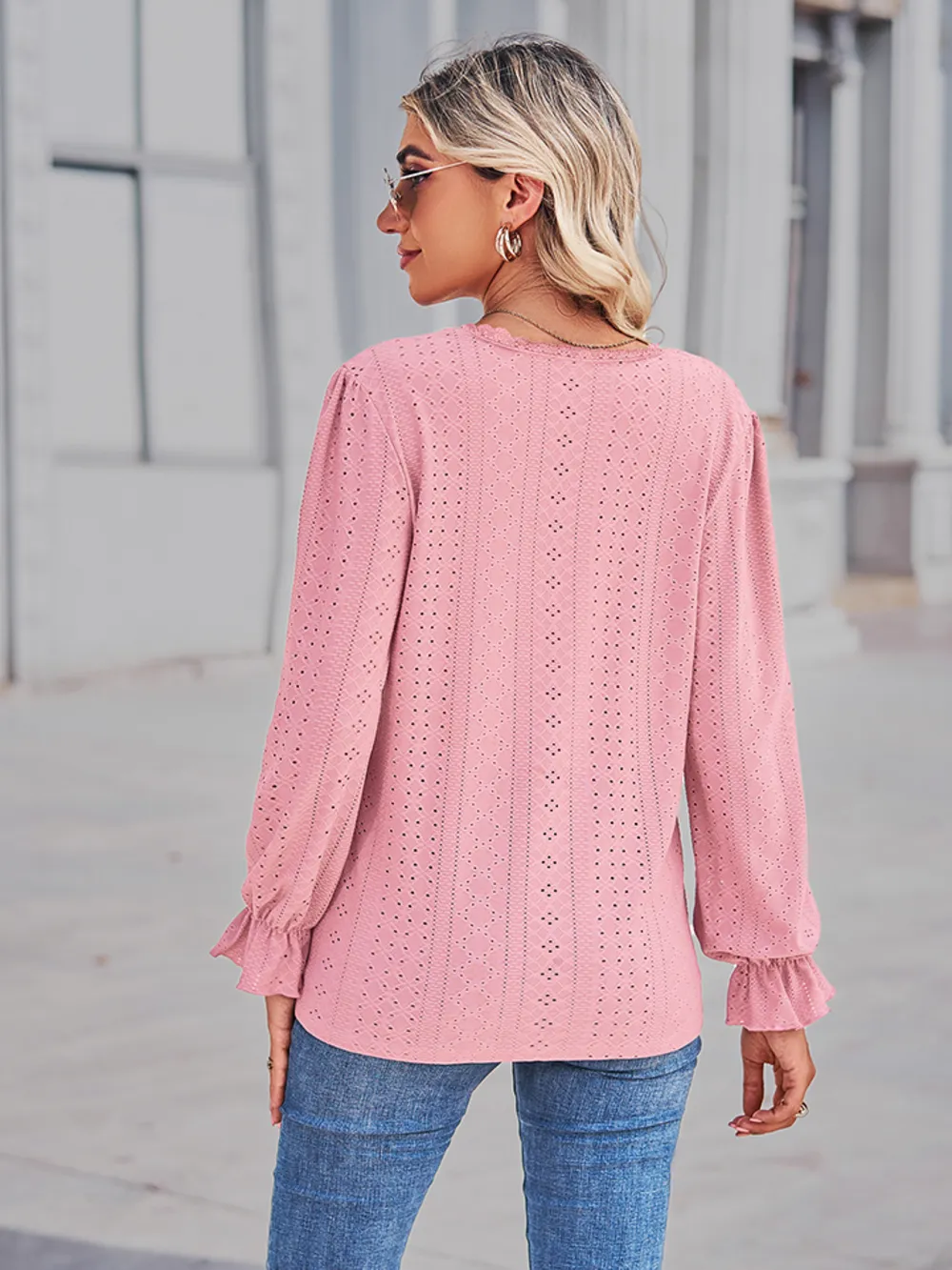 Eyelet V-Neck Flounce Sleeve Blouse, image 6