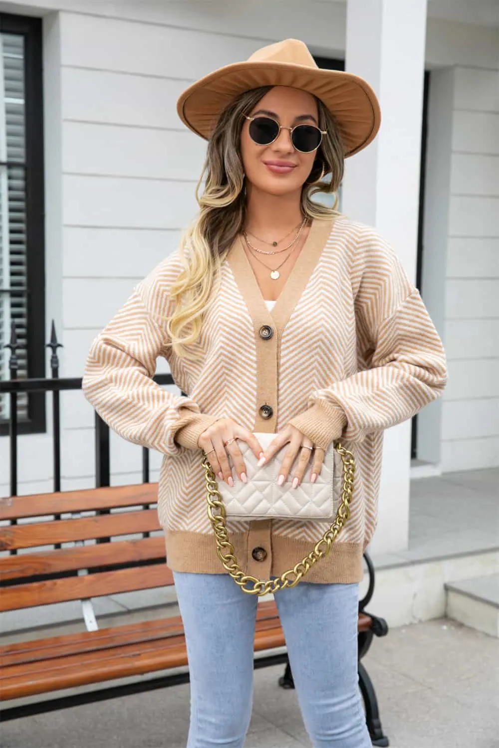 Striped V-Neck Dropped Shoulder Button-Up Cardigan, image 5