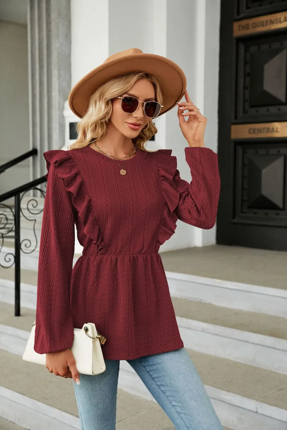 Round Neck Ruffled Peplum Blouse, image 17