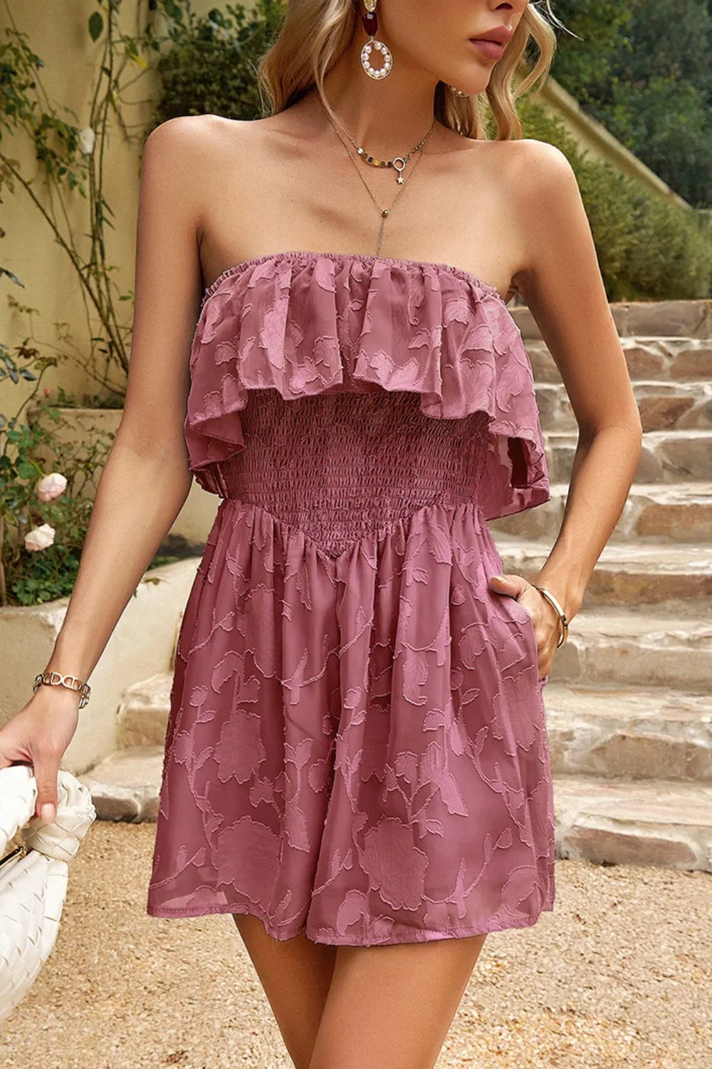 Strapless Layered Smocked Romper, image 5