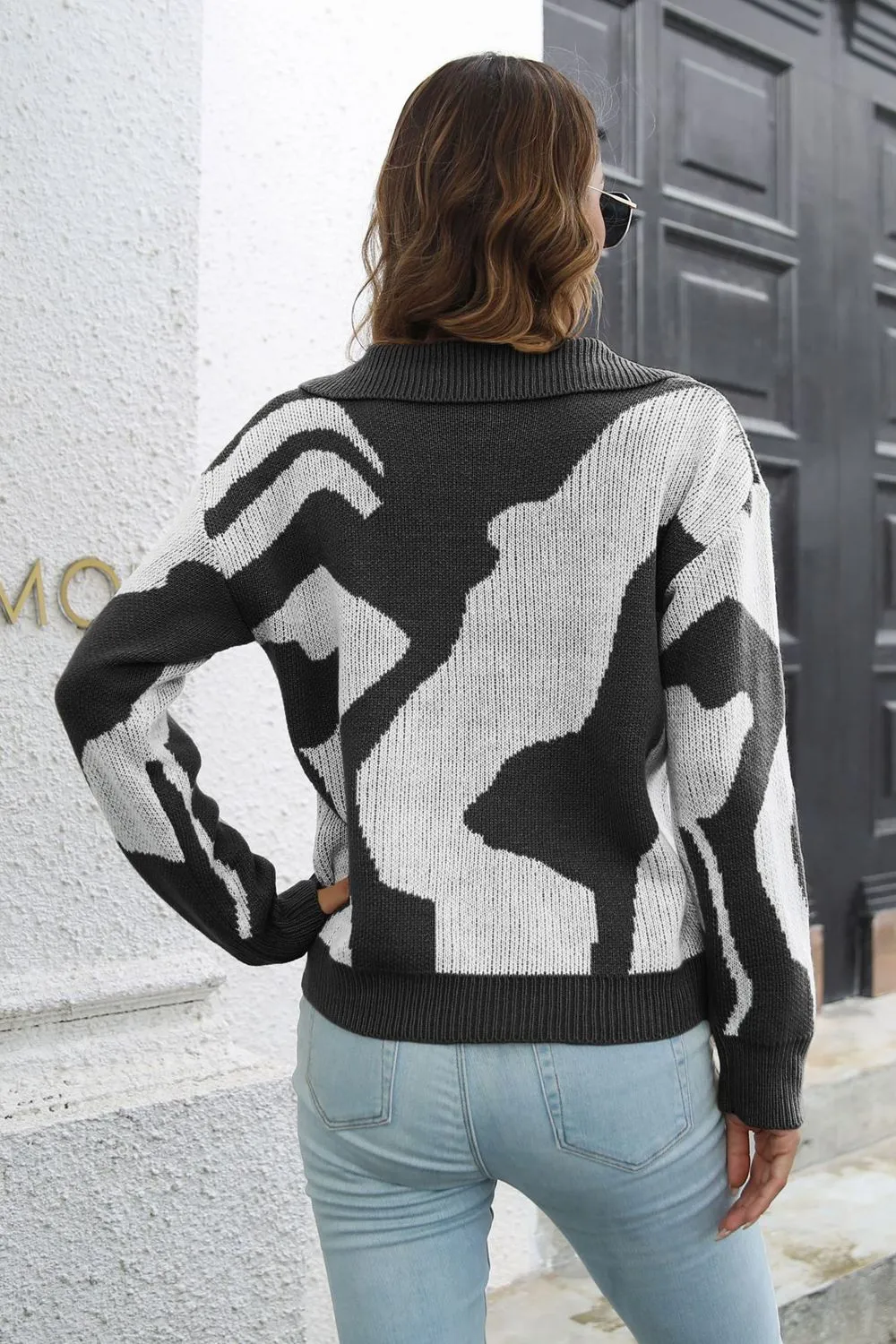 Two-Tone Johnny Collar Dropped Shoulder Pullover Sweater, image 12