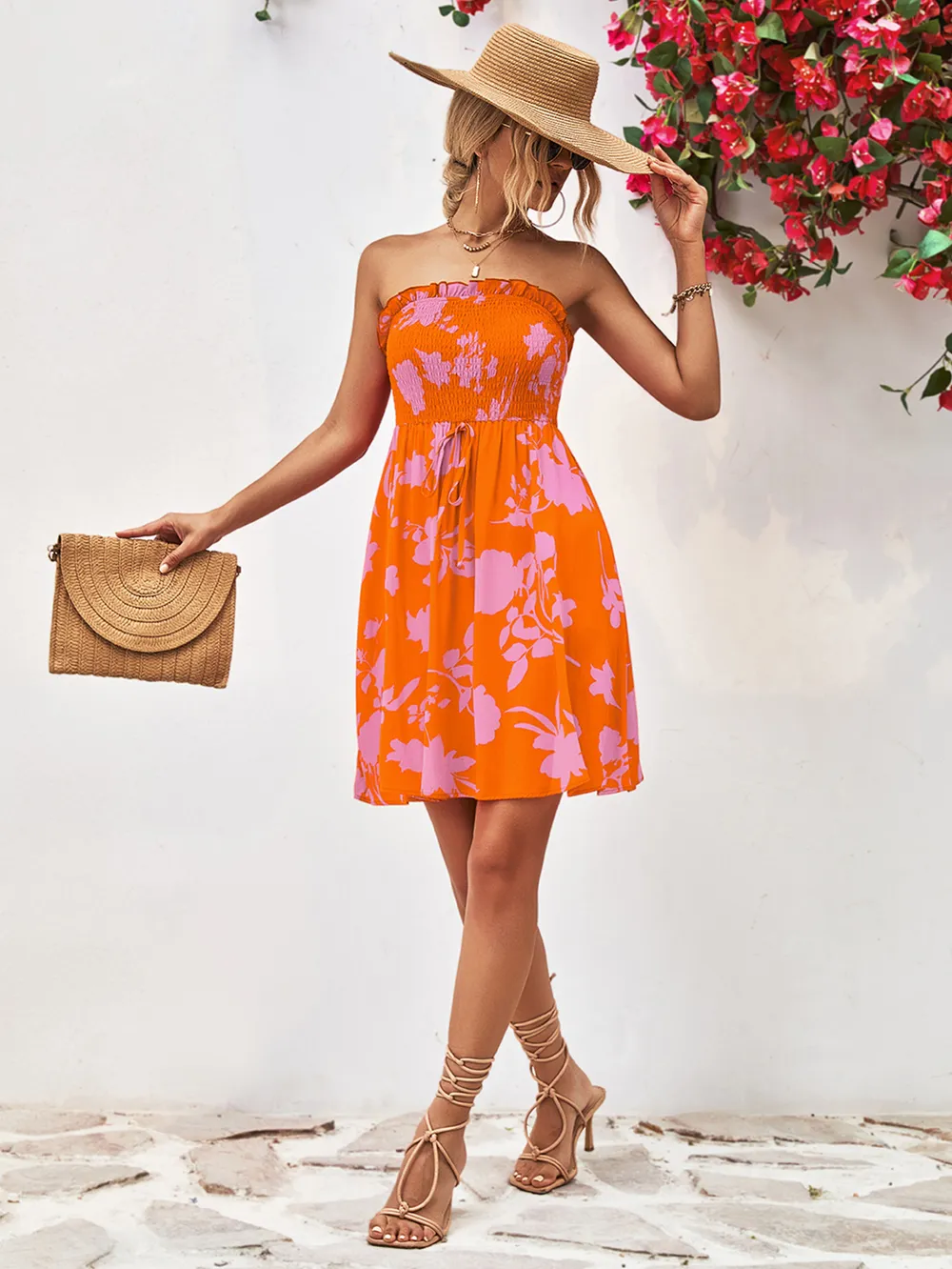 Floral Frill Trim Strapless Smocked Dress, image 10