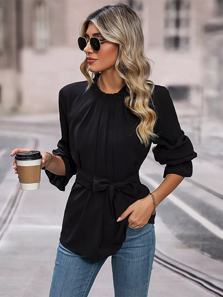 Round Neck Tie Waist Long Sleeve Blouse, image 4