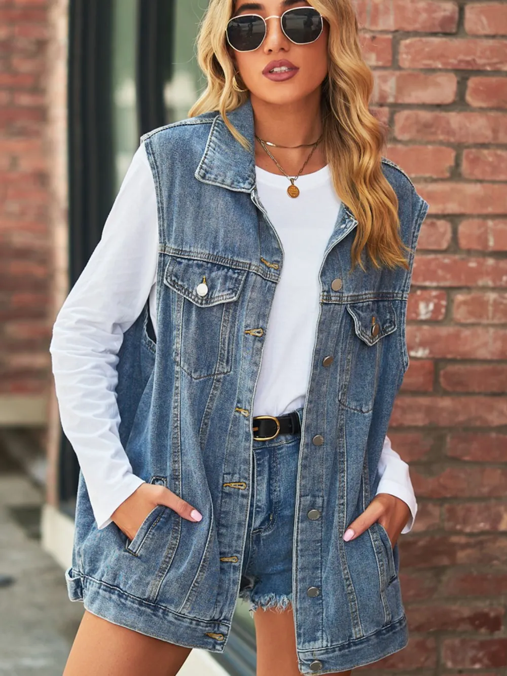 Collared Neck Sleeveless Denim Top with Pockets, image 6