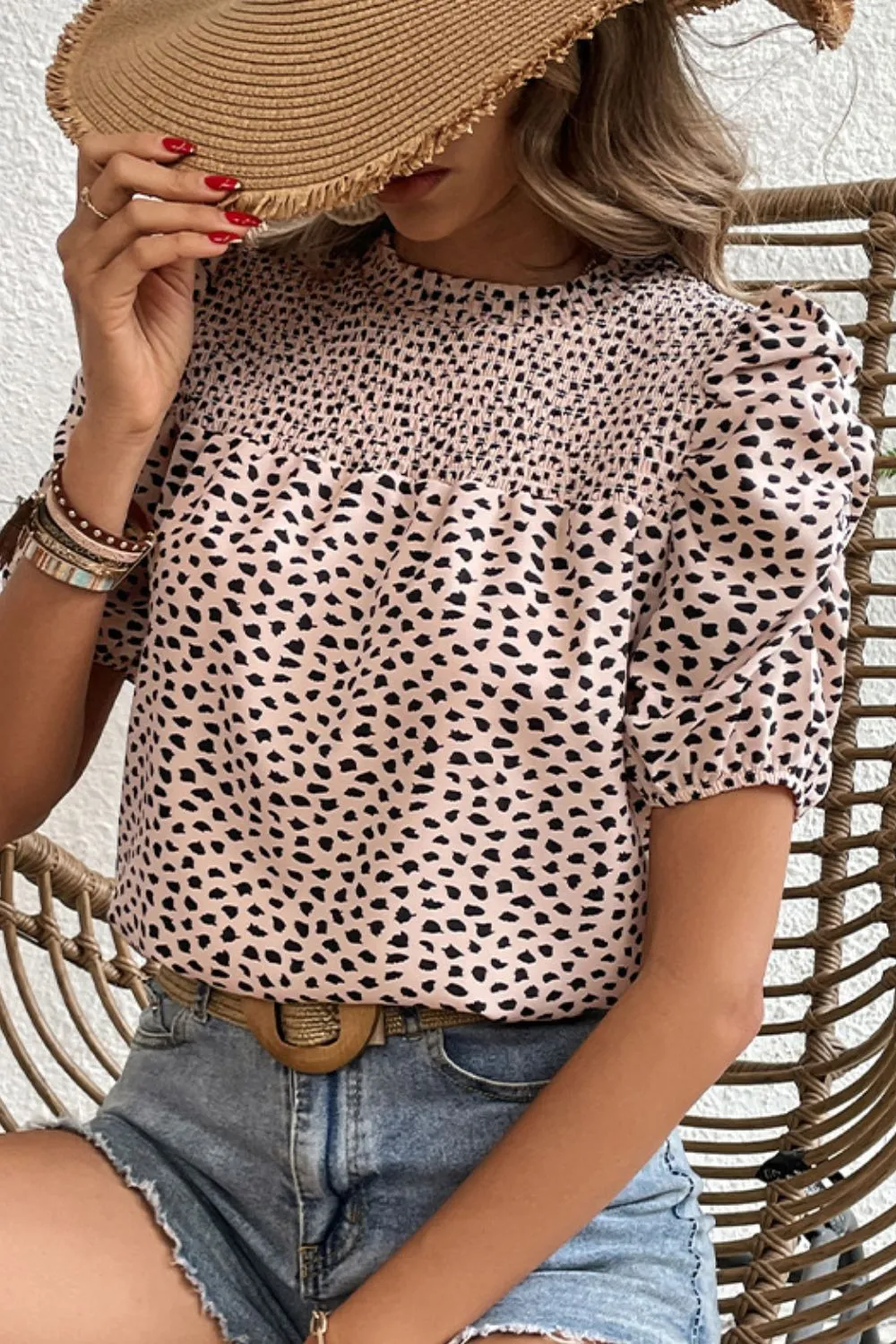 Printed Smocked Puff Sleeve Blouse, image 5