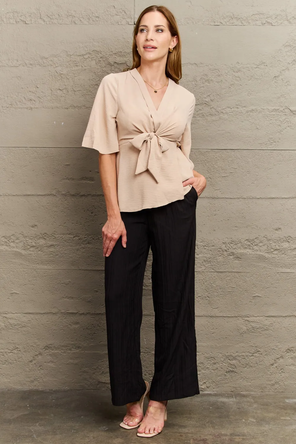 V-Neck Tie Front Half Sleeve Blouse, image 4