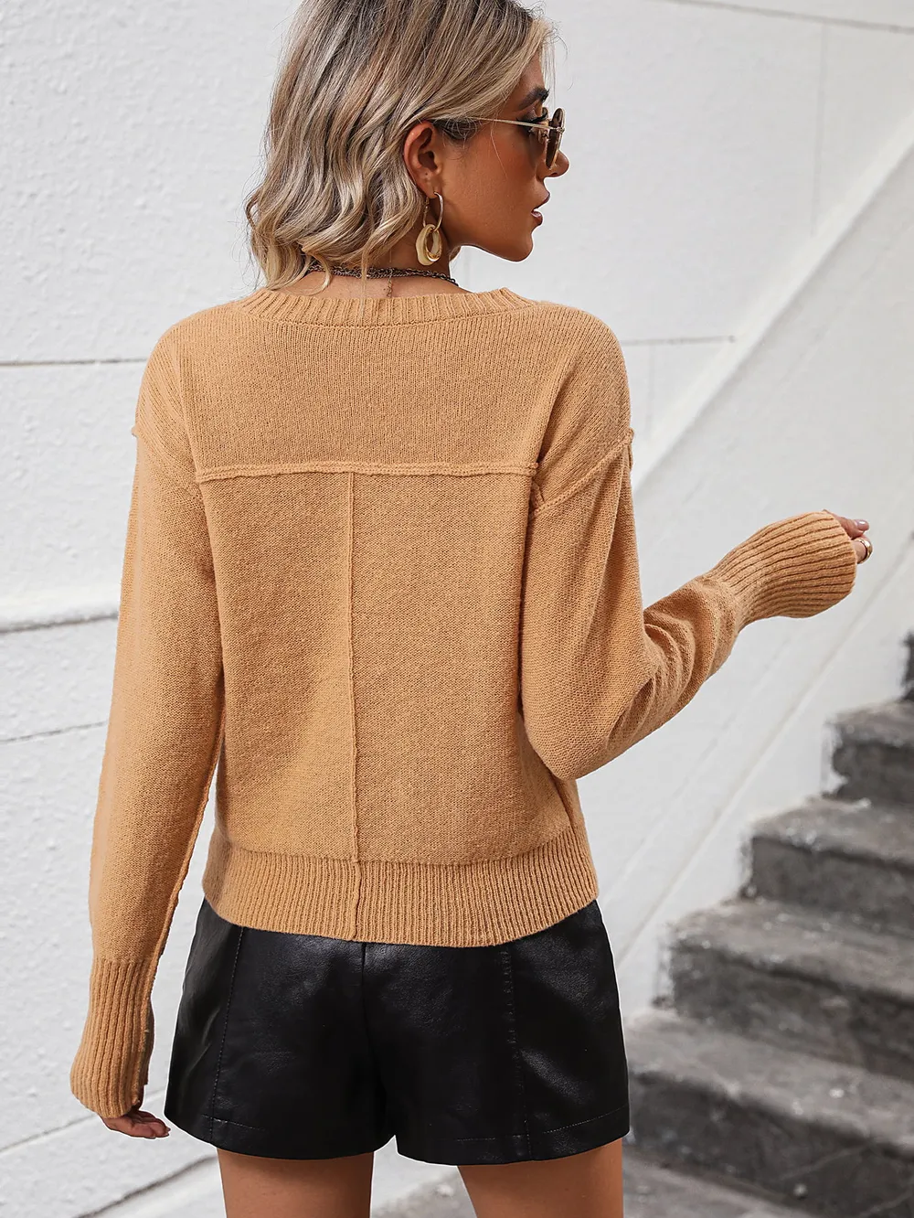 V-Neck Dropped Shoulder Long Sleeve Knit Top, image 12