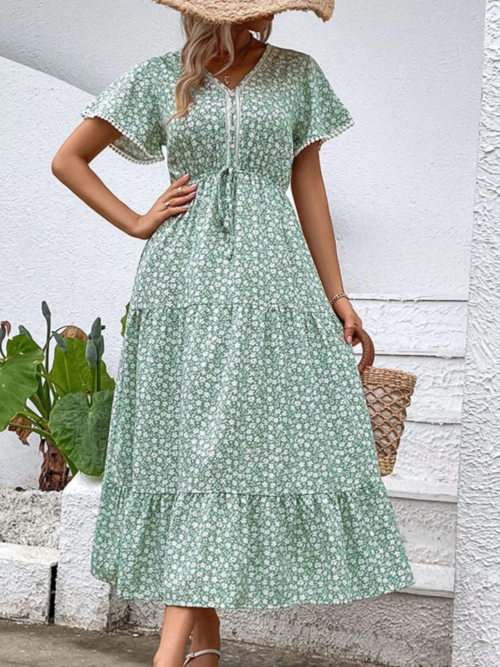 Ditsy Floral V-Neck Tiered Dress, image 3