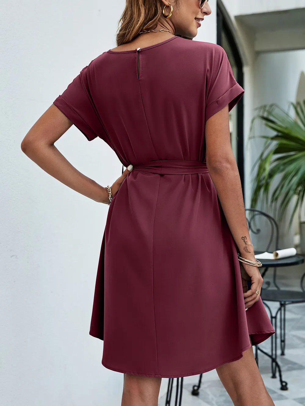 Belted Round Neck Curved Hem Dress, image 6