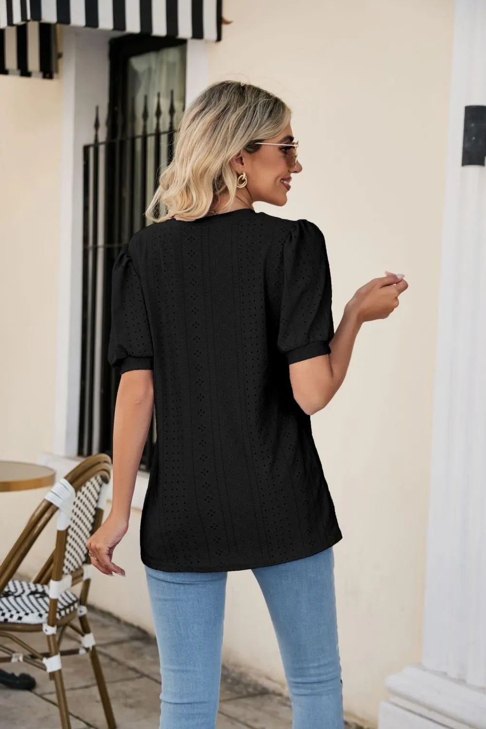 Eyelet Puff Sleeve V-Neck Top, image 22