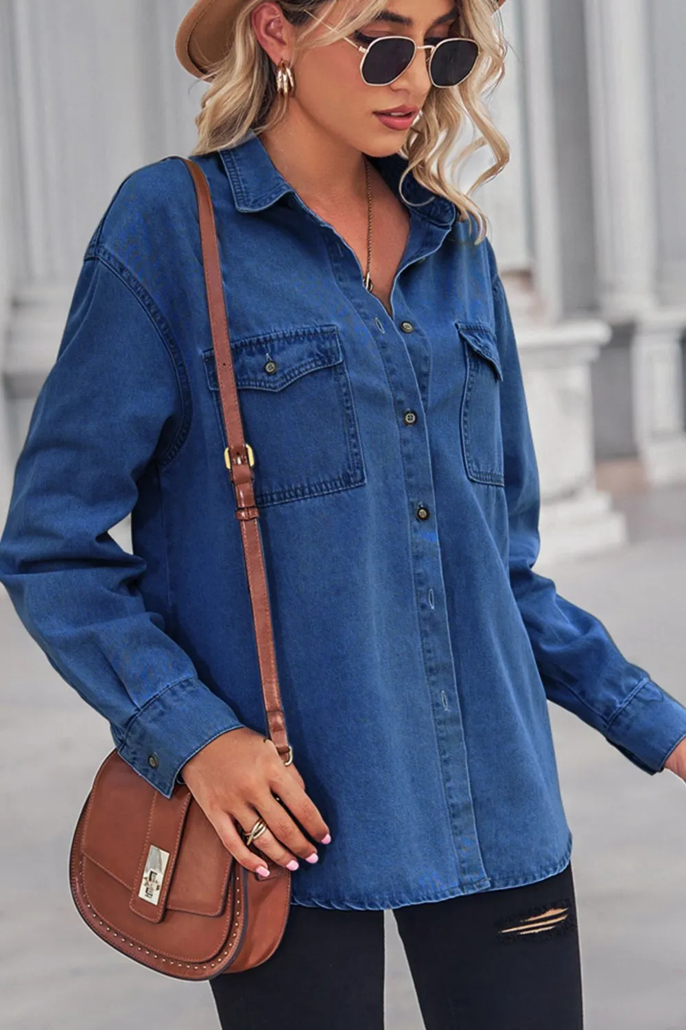 Collared Neck Dropped Shoulder Denim Top, image 12