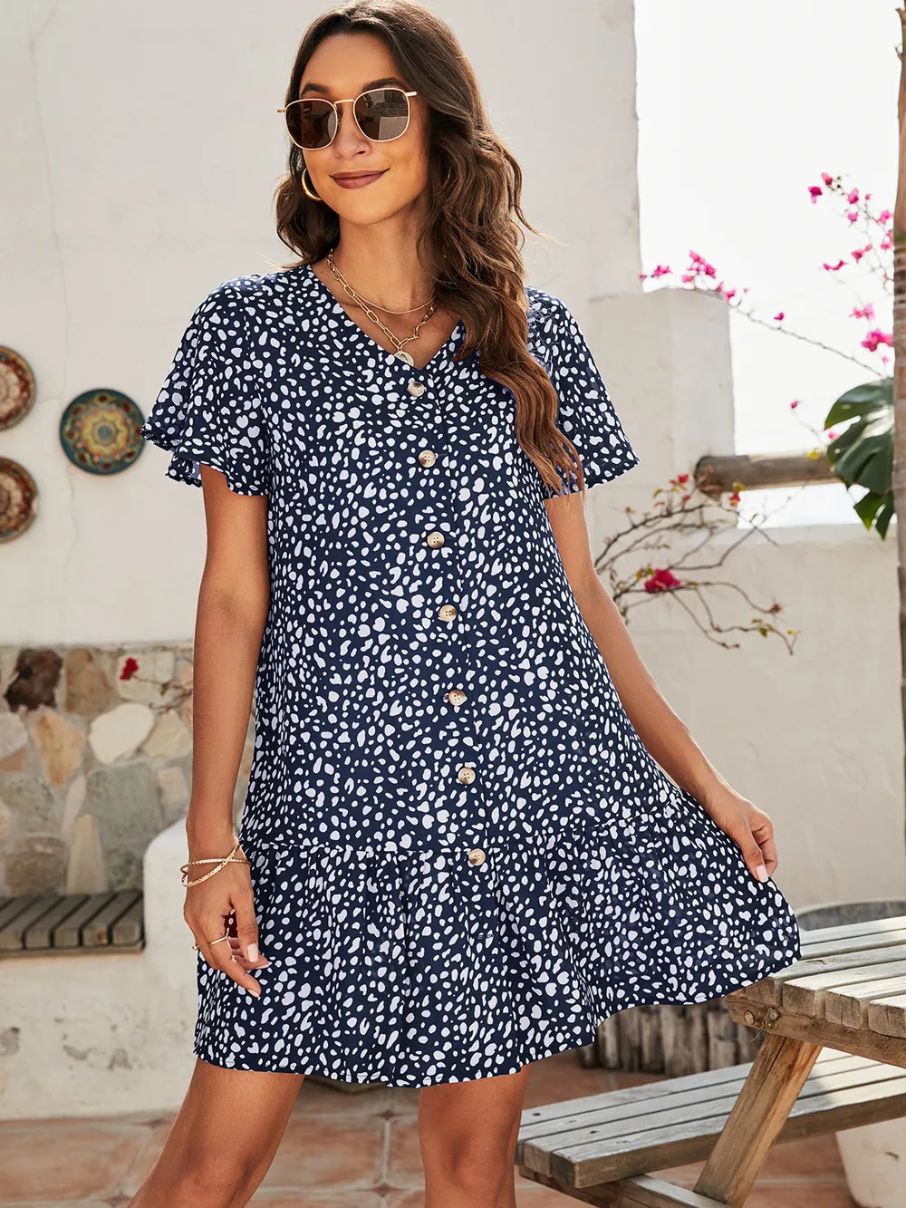 Animal Print Button Front Flutter Sleeve Dress, image 7
