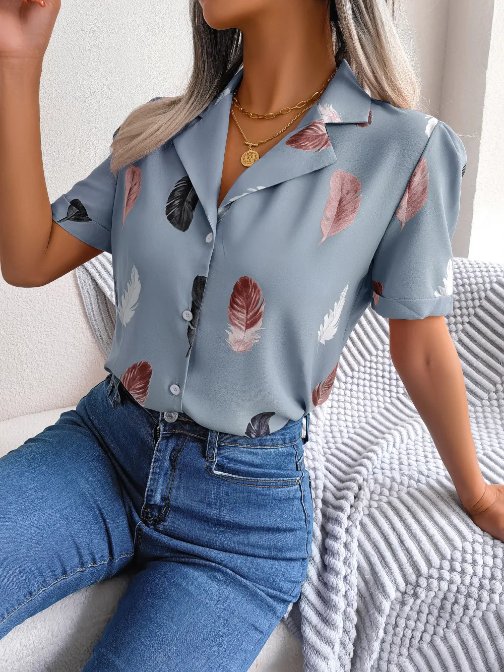 Feather Print Lapel Collar Puff Sleeve Shirt, image 6