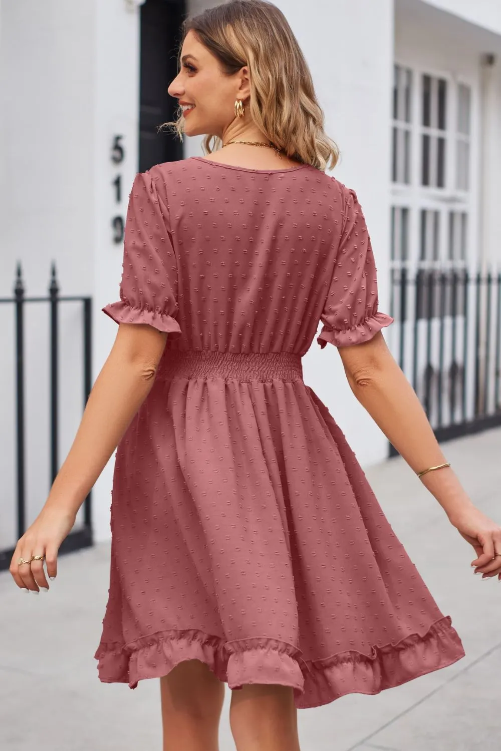 Swiss Dot Frill Trim Flounce Sleeve V-Neck Dress, image 11
