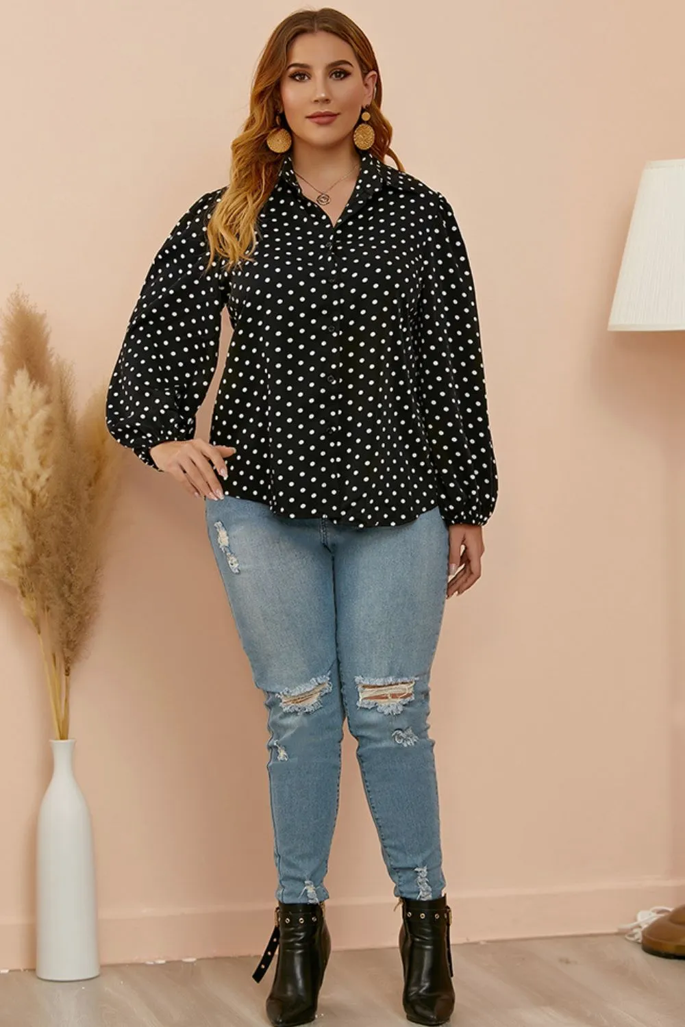 Plus Size Polka Dot Balloon Sleeve Shirt, image 6