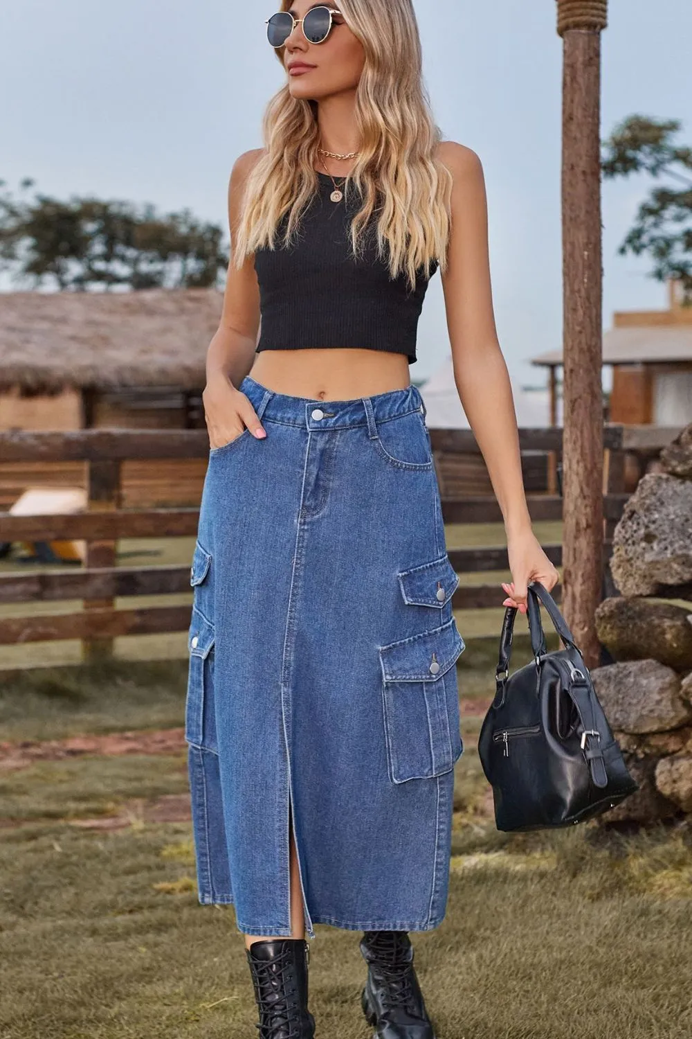 Slit Front Midi Denim Skirt with Pockets, image 12