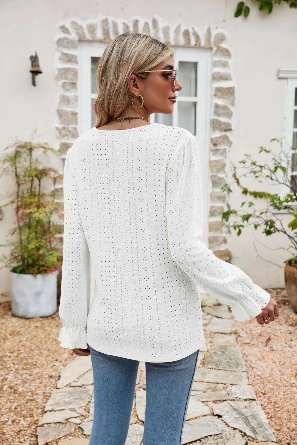 Eyelet Lace Trim Flounce Sleeve Blouse, image 20