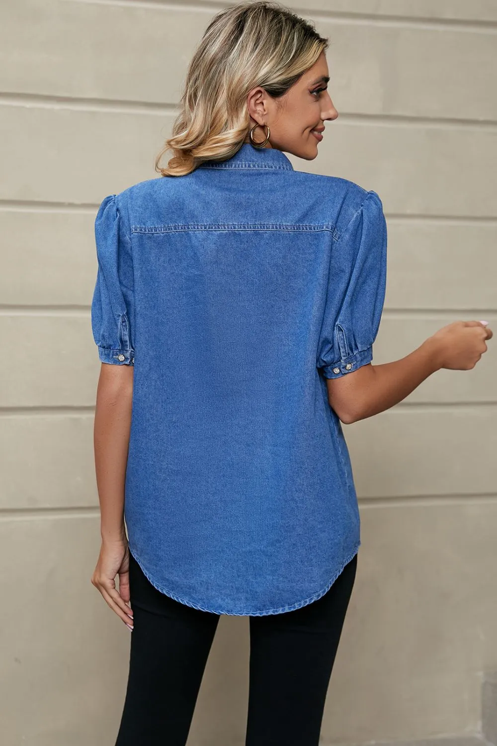 Puff Sleeve Collared Denim Top, image 4