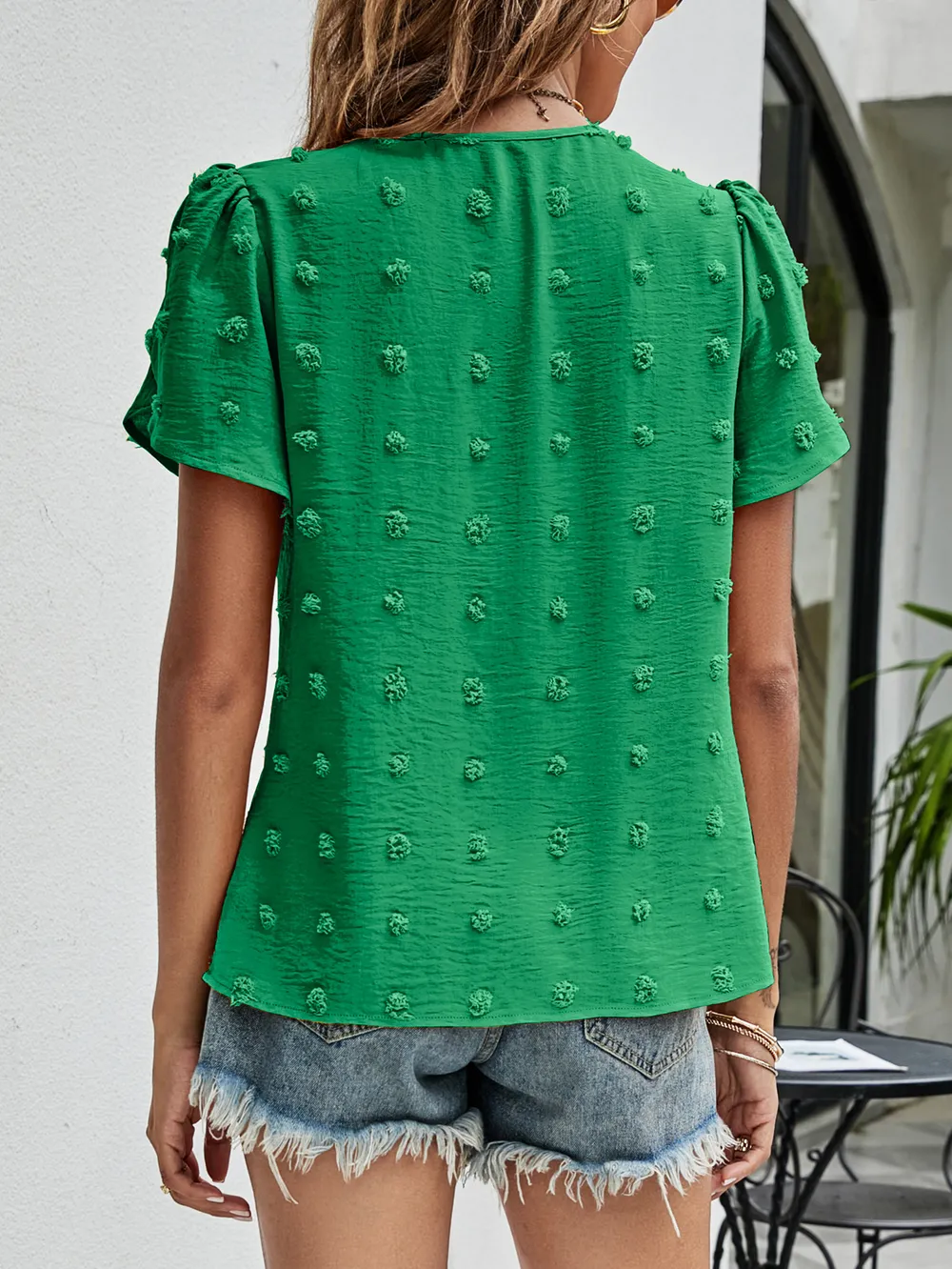 Swiss Dot Round Neck Petal Sleeve Top, image 27