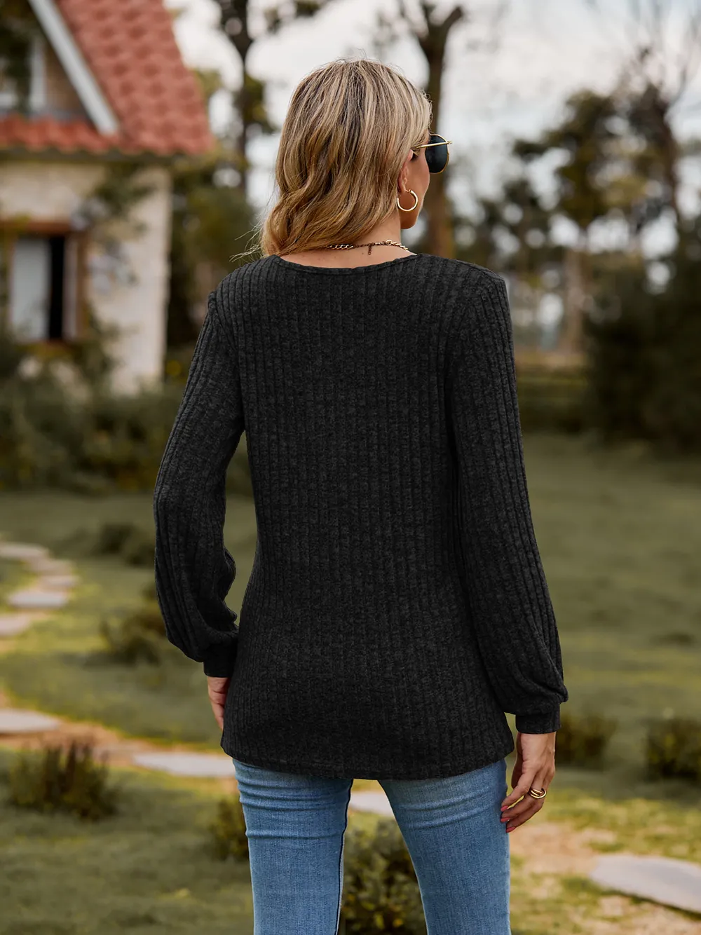 Round Neck Button-Down Long Sleeve Tee, image 21