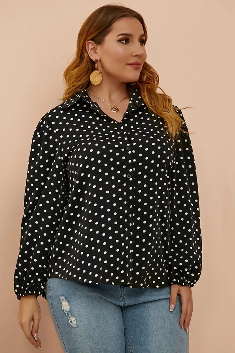 Plus Size Polka Dot Balloon Sleeve Shirt, image 7