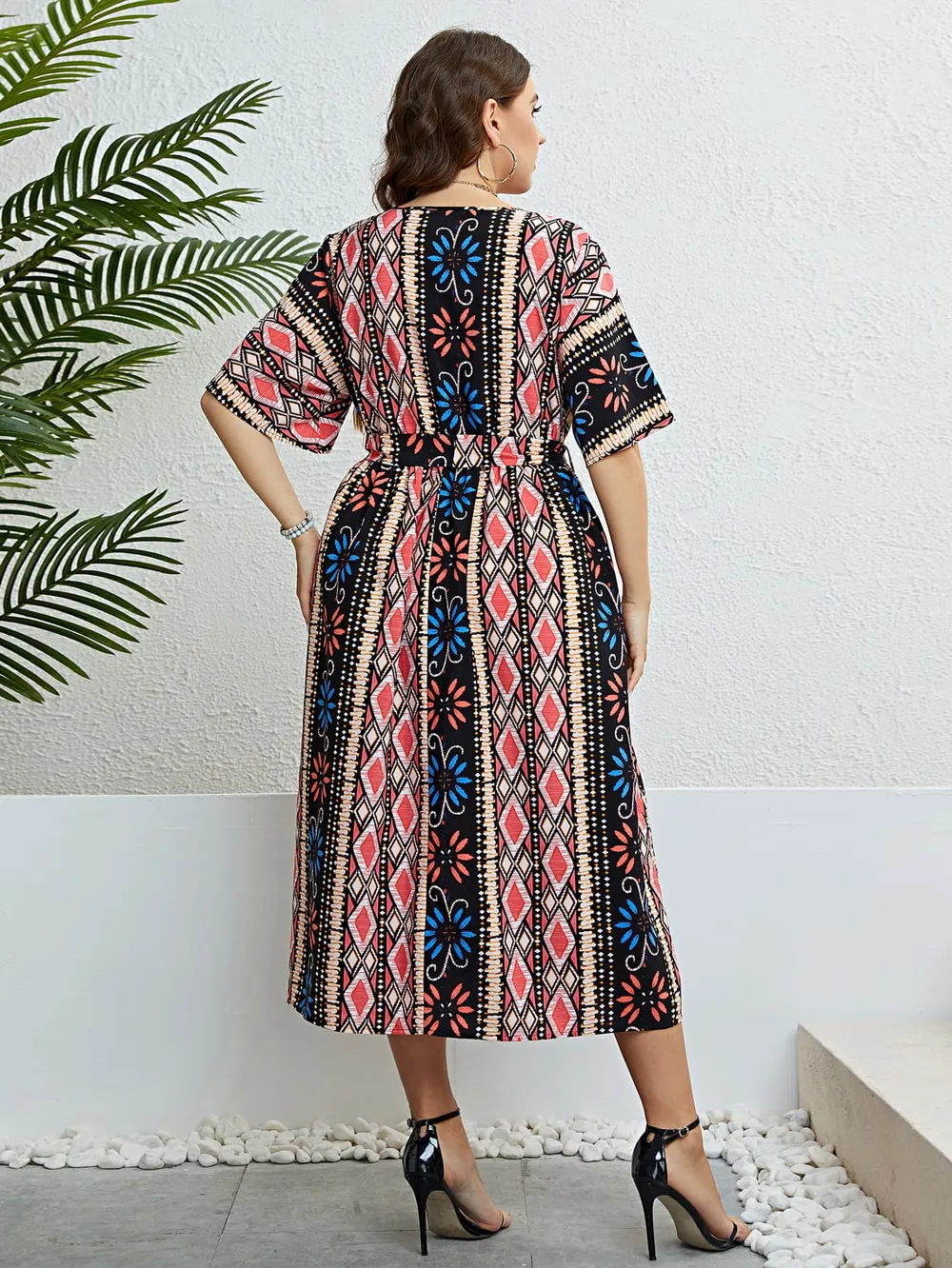 Plus Size Bohemian V-Neck Tie Belt Midi Dress, image 3