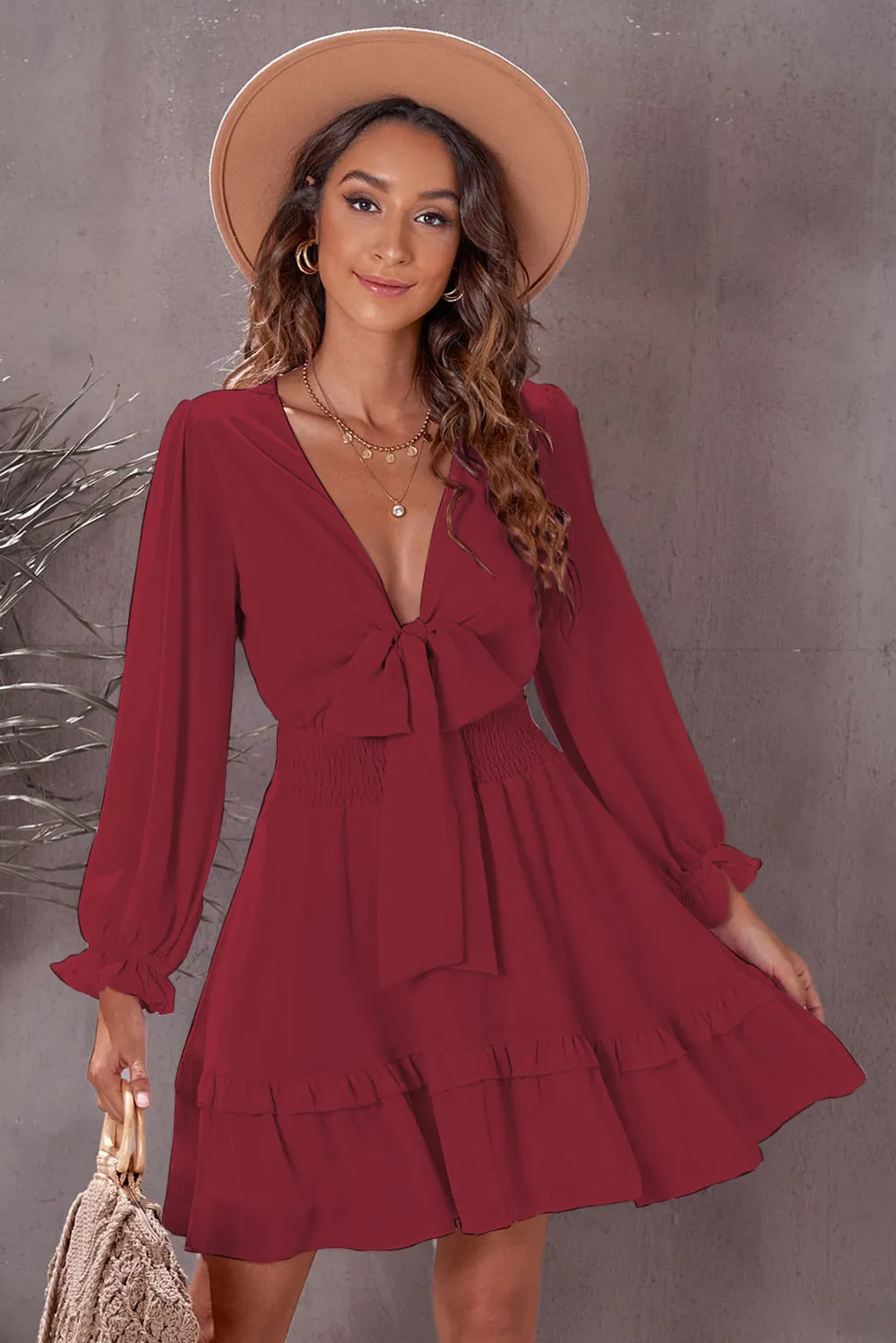 Tied Plunge Smocked Waist Flounce Sleeve Dress, image 13