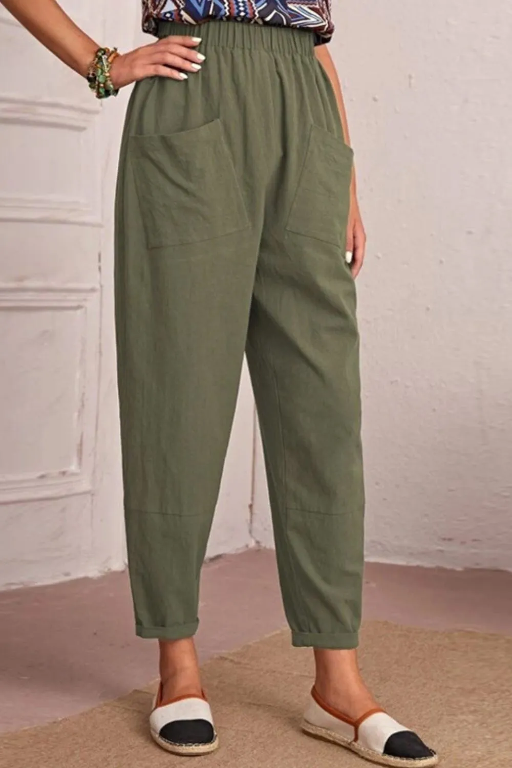 Elastic Waist Pocket Tapered Pants, image 5