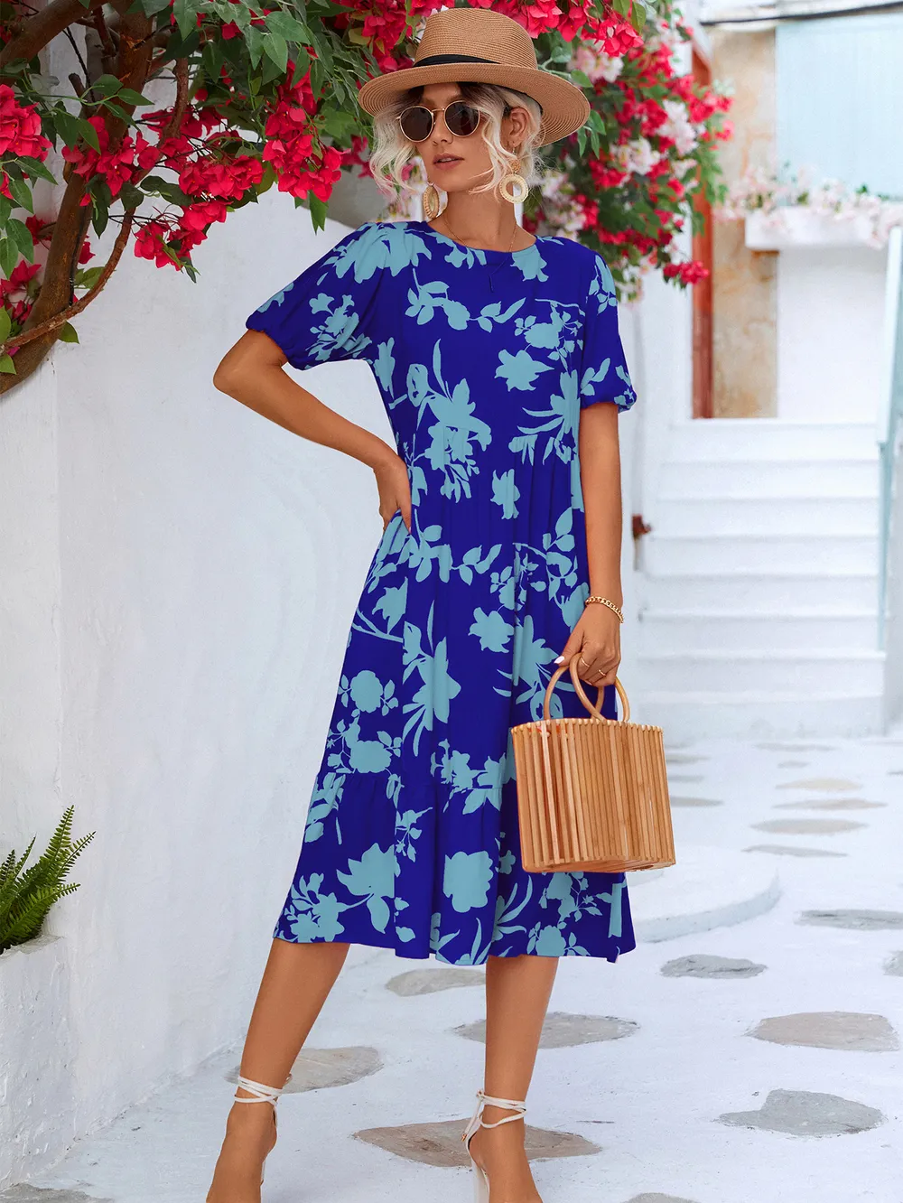 Floral Puff Sleeve Ruffle Hem Midi Dress, image 10
